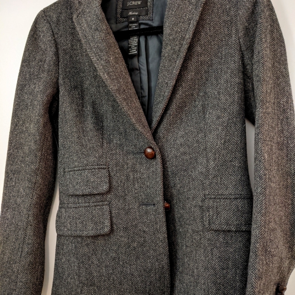 JCrew Charcoal Tweed Blazer leather buttons